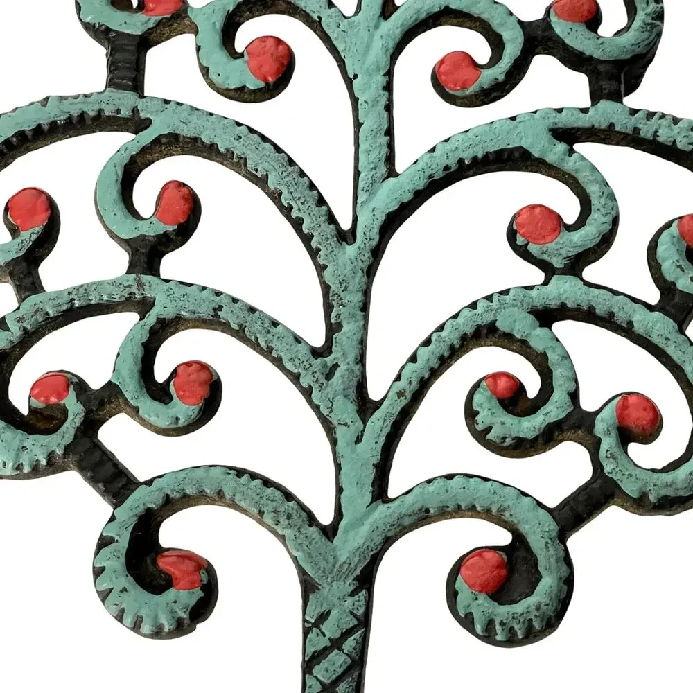 Vintage Cast Iron Family Tree Trivet John Wright Painted Mint Green Red Yellow